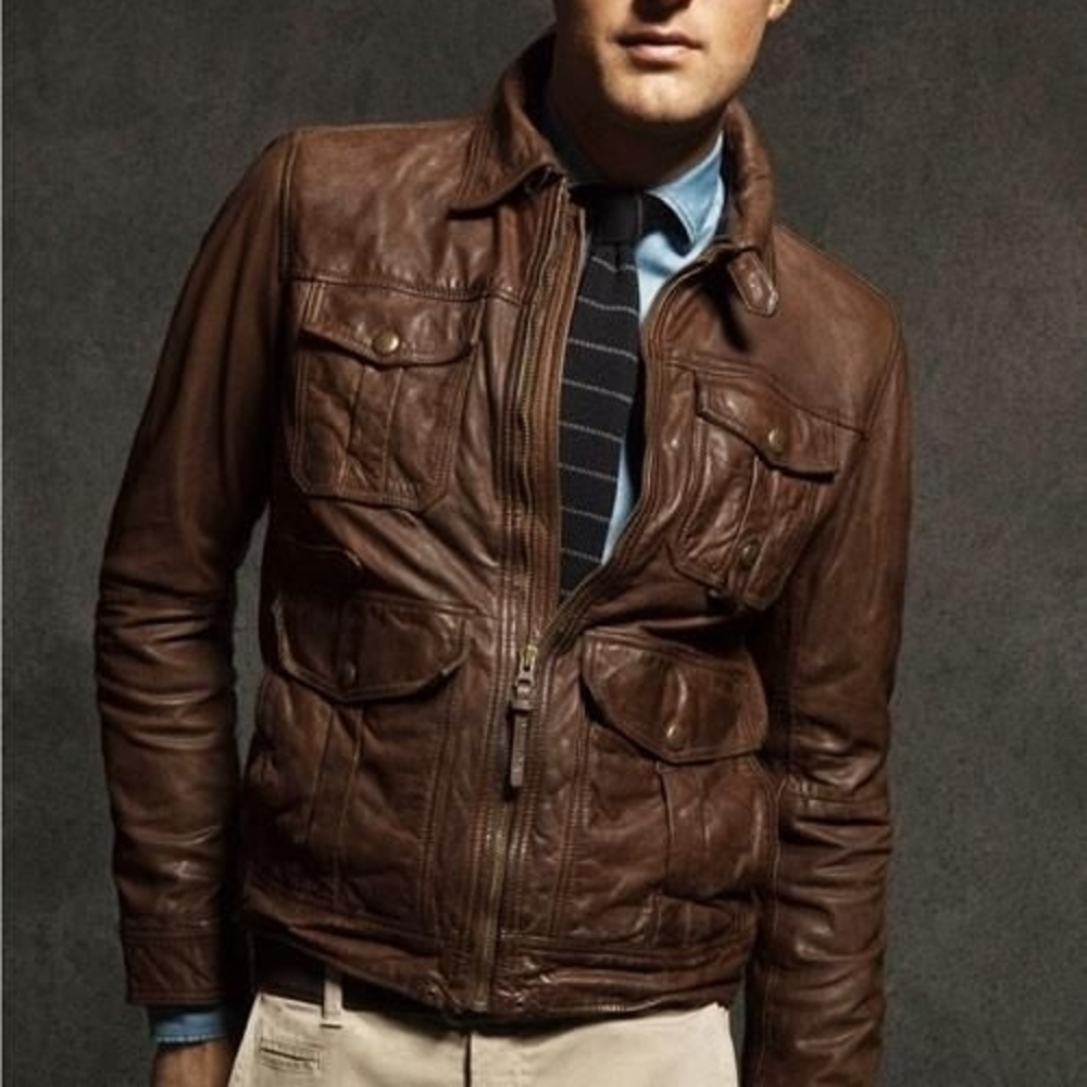 Massimo Dutti Dark Brown Leather Field Jacket, Genuine Leather